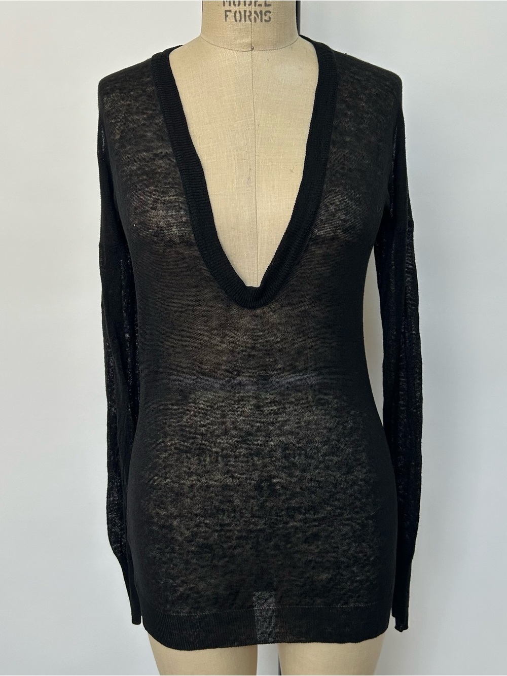 Sheer Deep V-Neck Long Sleeve Top - Black